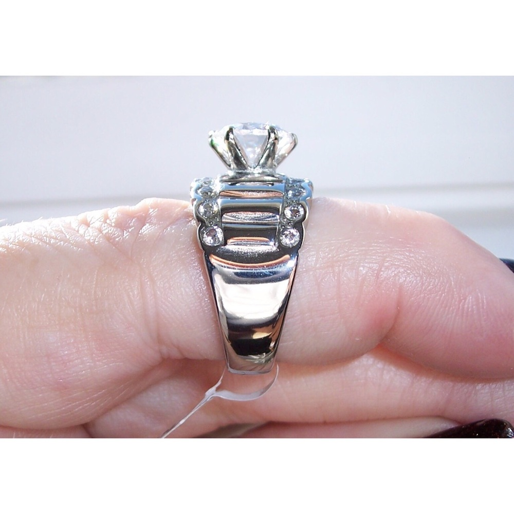 STAINLESS STEEL Round Cut Cubic Zirconia Wide Band Ring - Picture 7 of 16